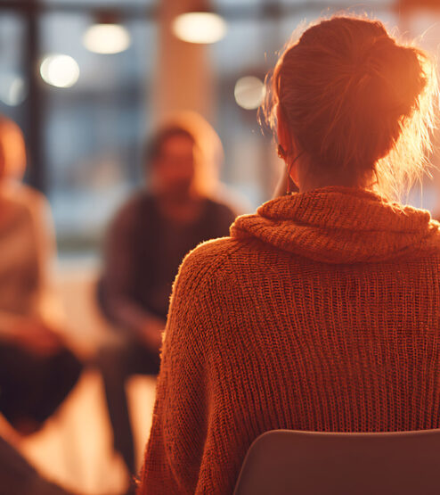 From behind, a woman in a knit sweater listens in a support group. Warm, golden light illuminates the circle, creating an atmosphere of hope, empathy, and connection.