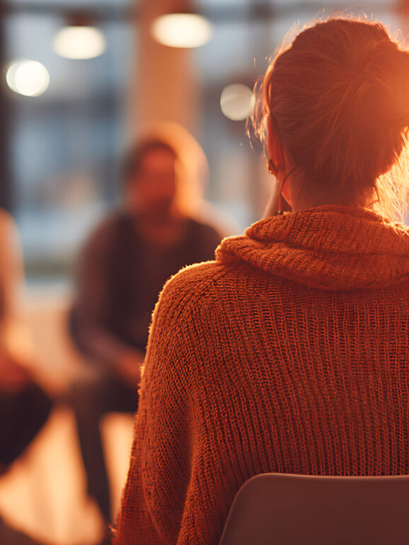 From behind, a woman in a knit sweater listens in a support group. Warm, golden light illuminates the circle, creating an atmosphere of hope, empathy, and connection.