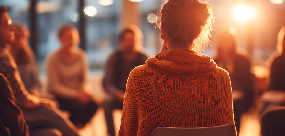 From behind, a woman in a knit sweater listens in a support group. Warm, golden light illuminates the circle, creating an atmosphere of hope, empathy, and connection.