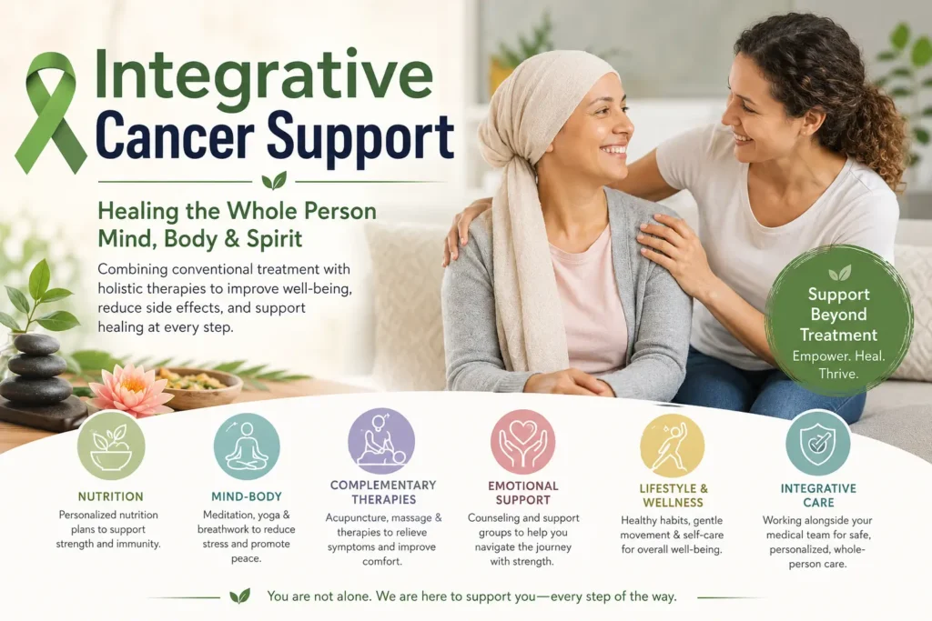 Integrative Cancer Support infographic showing holistic cancer care.