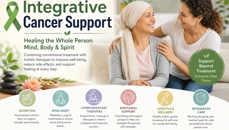 Integrative Cancer Support infographic showing holistic cancer care.