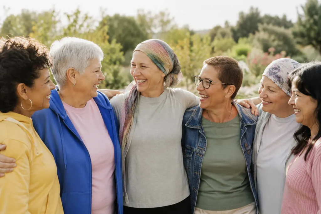 Cancer survivorship support in California with diverse women smiling together in a peaceful outdoor garden setting.