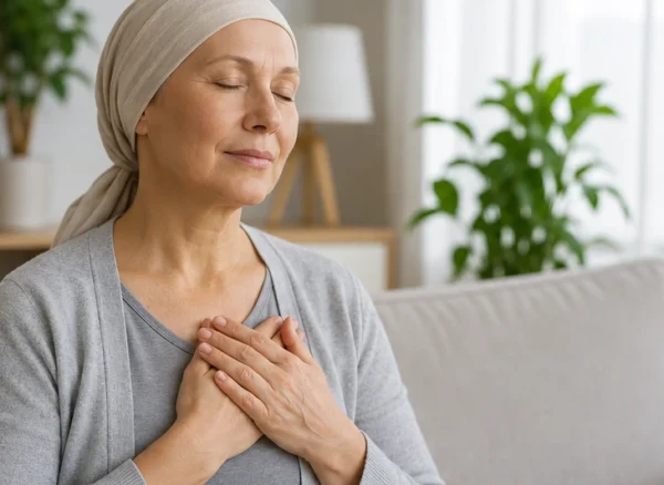 01-cancer-patient-mindfulness-meditation Cancer patient practising mindful breathing at home for stress management