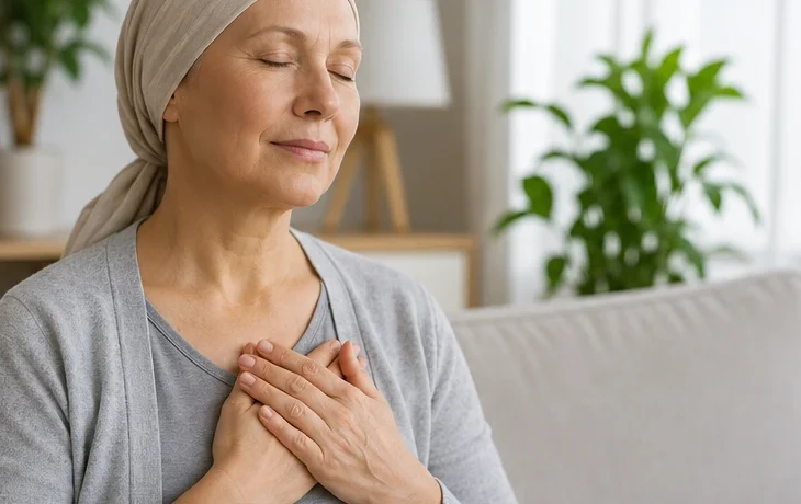 01-cancer-patient-mindfulness-meditation Cancer patient practising mindful breathing at home for stress management