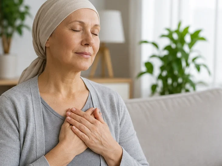 Cancer patient practising mindful breathing at home for stress management