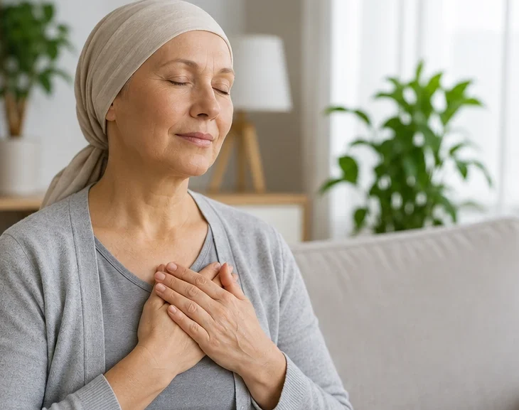 Cancer patient practising mindful breathing at home for stress management