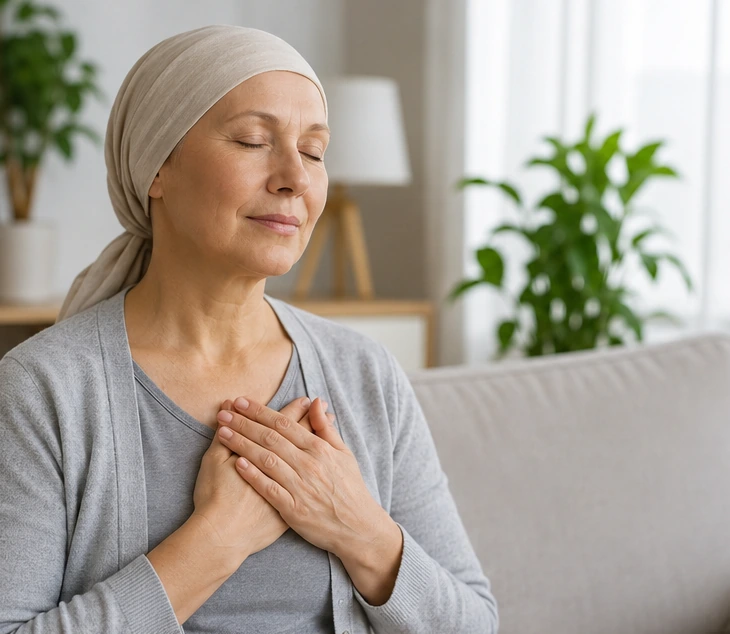 Cancer patient practising mindful breathing at home for stress management