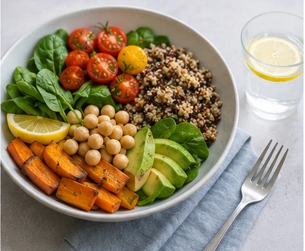 Healthy lifestyle after cancer with balanced nutrition and fresh fruits
