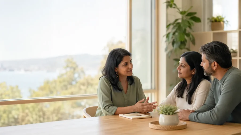 Contact Community wellness guide speaking with a South Asian couple in the Bay Area