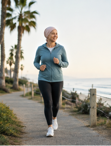 Cancer survivor practicing wellness and gentle exercise after treatment