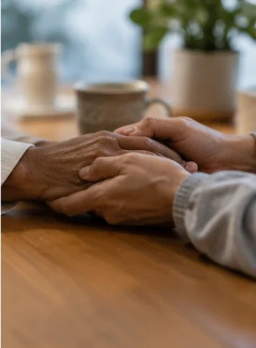 Hands held together while providing emotional support to a caregiver