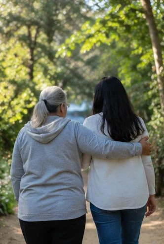 Two caregivers walking together outdoors and supporting each other