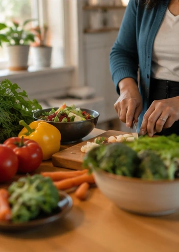 Caregiver preparing a healthy meal with fresh vegetables at home