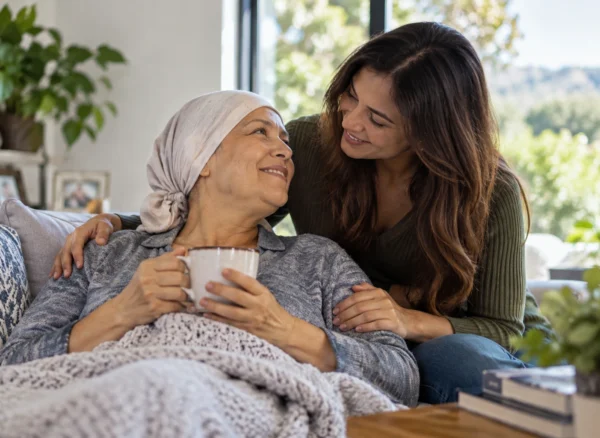 Cancer caregiver talking with a loved one at home