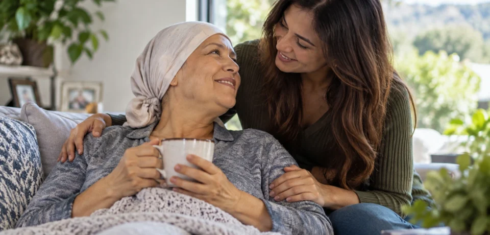 Cancer caregiver talking with a loved one at home