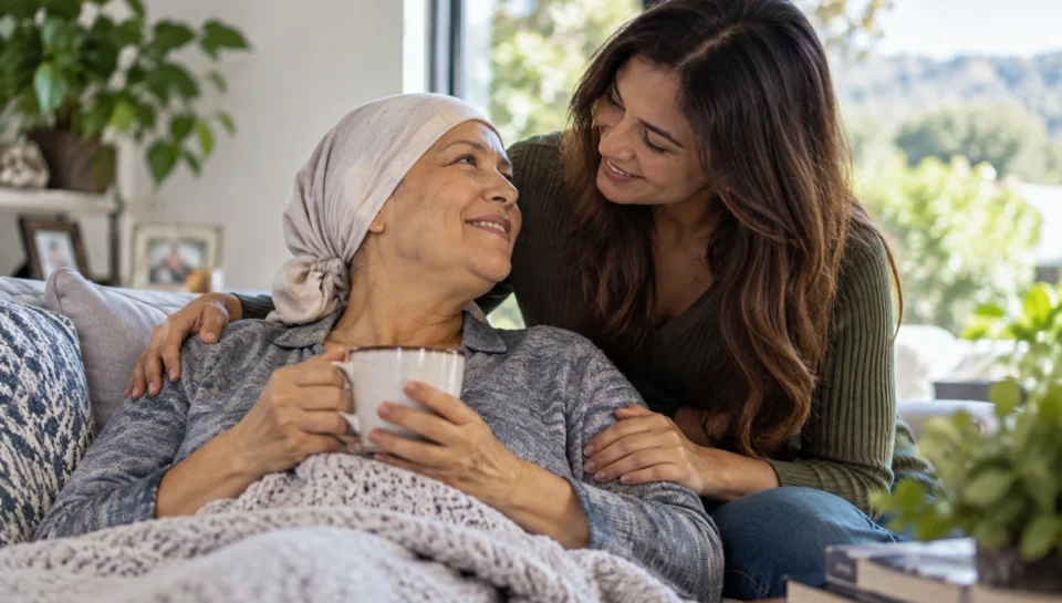 Cancer caregiver talking with a loved one at home