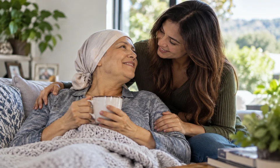Cancer caregiver talking with a loved one at home